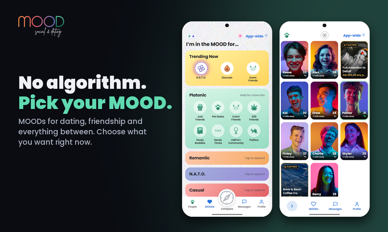MOOD Social & Dating app screens, image 1